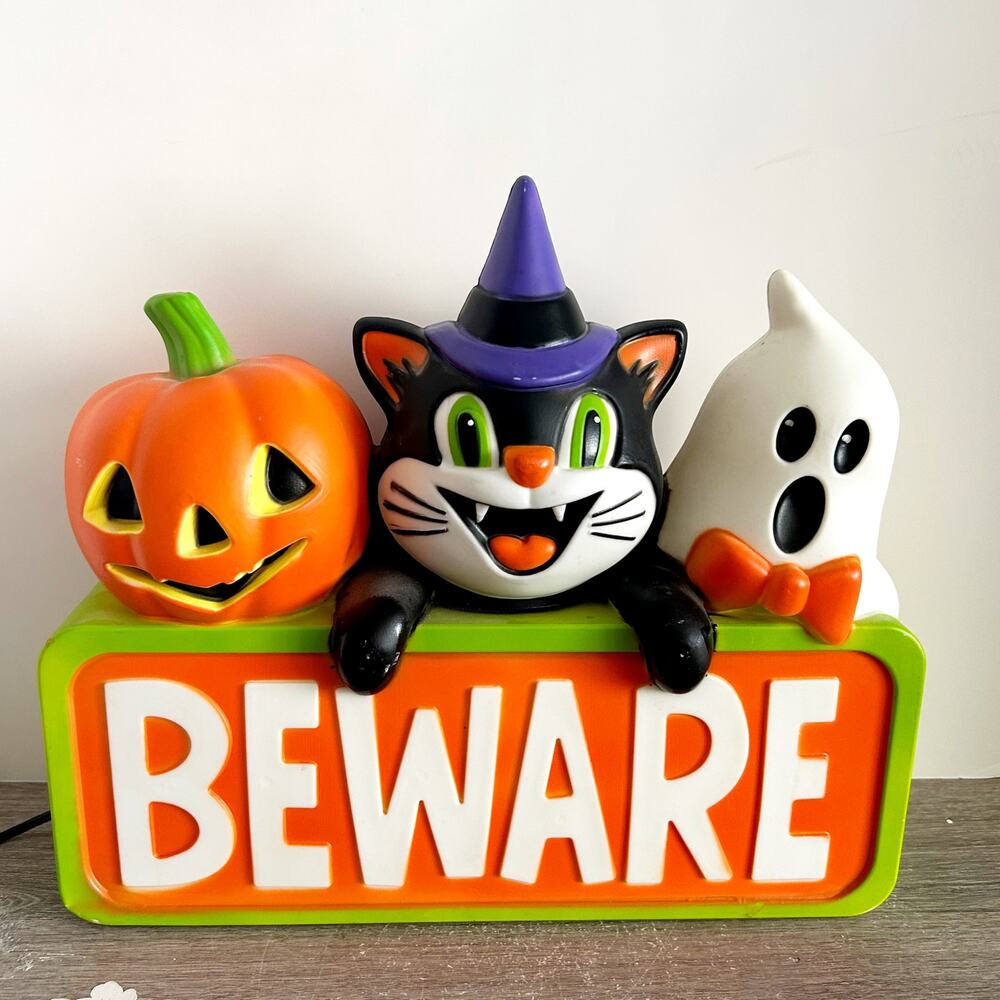 Halloween Lighted Blow Mold Vintage Style BEWARE Pumpkin Black Cat Ghost 15" EUC